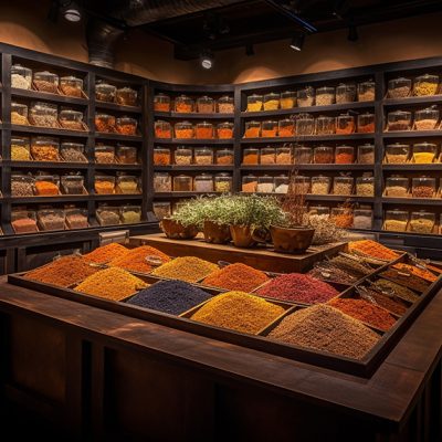 Healthy spices in retail store on wooden shelf generated by AI Healthy spices in retail store on wooden shelf generated by artificial intelligence